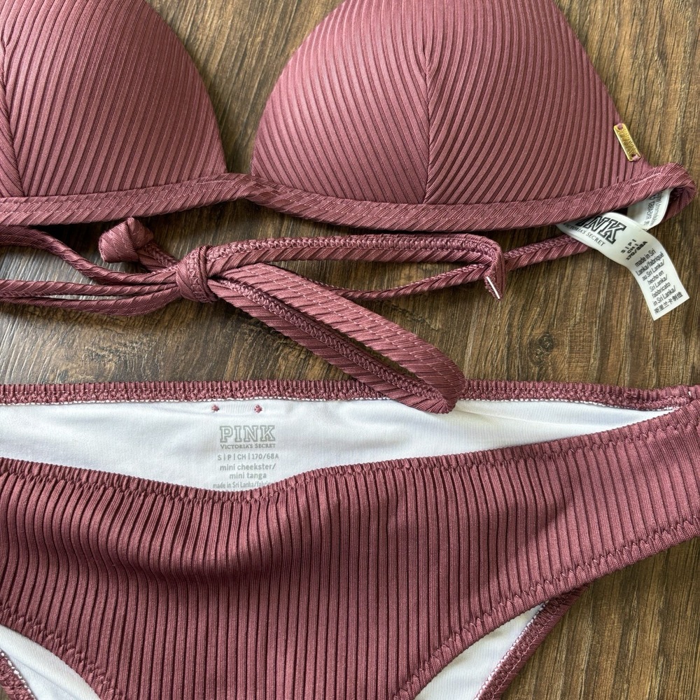 PINK Victoria's Secret Mauve Ribbed Lined Adjustable Bikini Set Size S - Picture 2 of 8